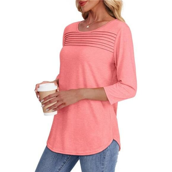 Womens 34 Sleeve Pleated Blouse Casual Dressy Tops Curved Hem Spring Summer - Picture 4 of 6